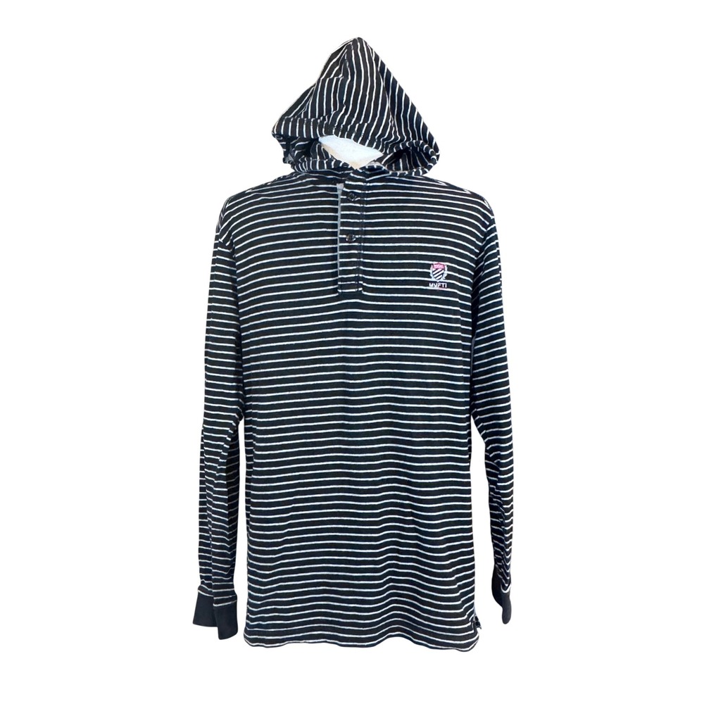 Mufti Jeans Hooded Henley Shirt Black White Striped Long Sleeve Mens Large - Picture 9 of 9